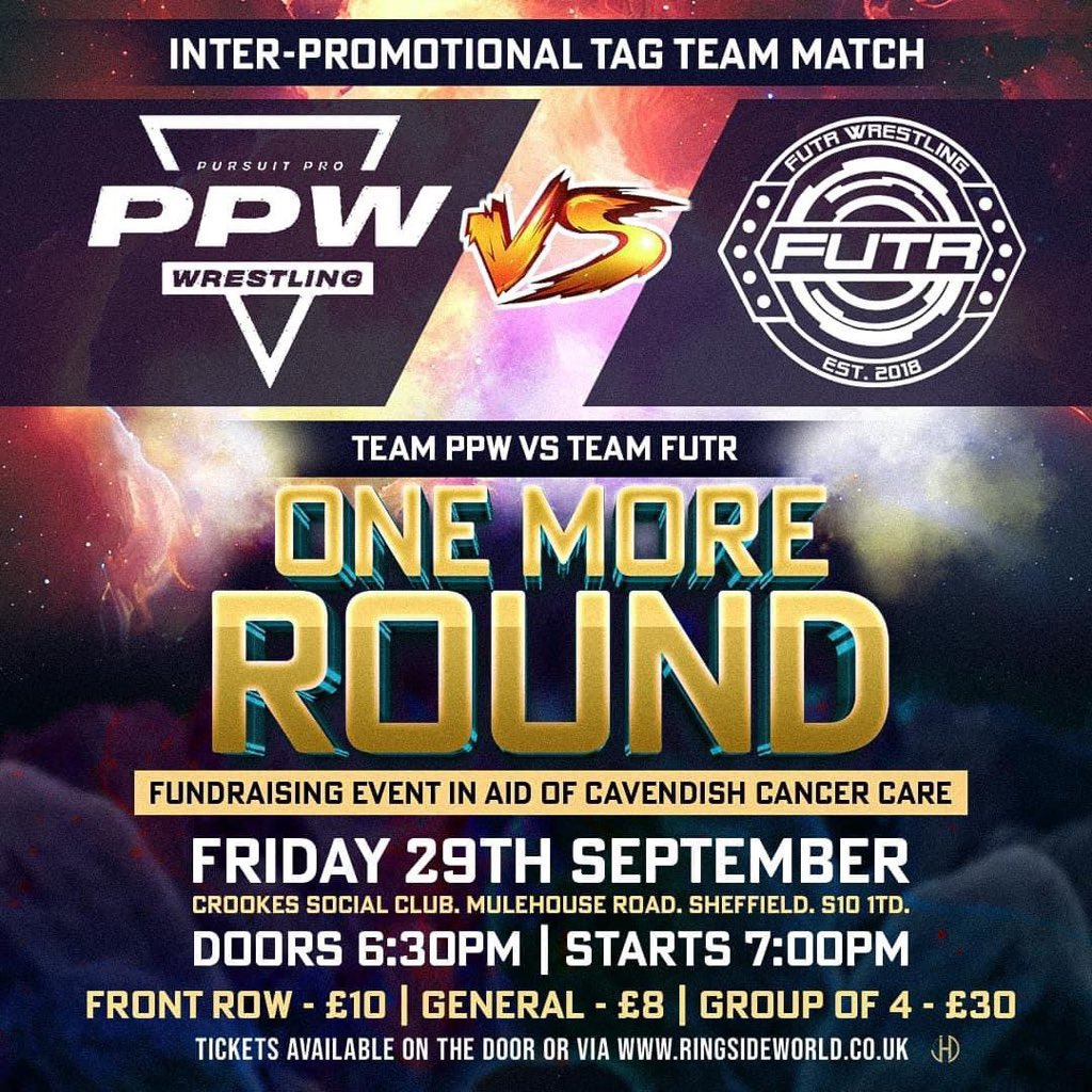 ITS TODAY!

TICKETS ARE STILL AVAILABLE ON THE DOOR!

Fundraising In Aid Of <a href="/CavCancerCare/">Cavendish Cancer Care</a> 

One More Round 
September 29th
<a href="/CrookesSocial/">Crookes Social Club</a> 
#SHEFFIELD

<a href="/PursuitProWres/">Pursuit Pro Wrestling</a> Vs <a href="/FutrWrestling/">FUTR Wrestling</a> In A Elimination Match
