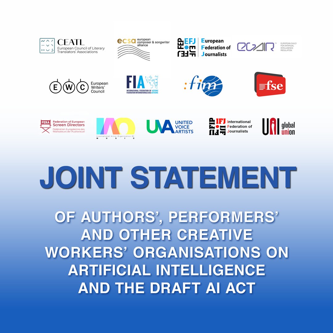 UVA_Federation's tweet photo. ✊ Along with 12 organisations of creators,  performers and other creative professionals, we call for a human centered approach to generative #AI. Read our joint statement on the EU AI law 

👉 https://t.co/bgdvMhGXdK https://t.co/FviVY5suTZ