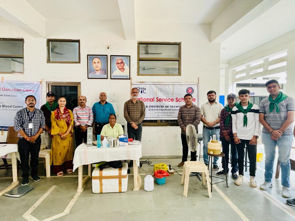 nssbbitvvnagar's tweet photo. The National Service Scheme (NSS) unit of B &amp; B Institute of Technology conducted a Blood donation camp in association with the A. D. Gorwala blood bank, Anand for staff and students on 27th September, 2023 10:30 am onwards as part of its community service. #nss2023 #bbitans https://t.co/8eepbtz3oh