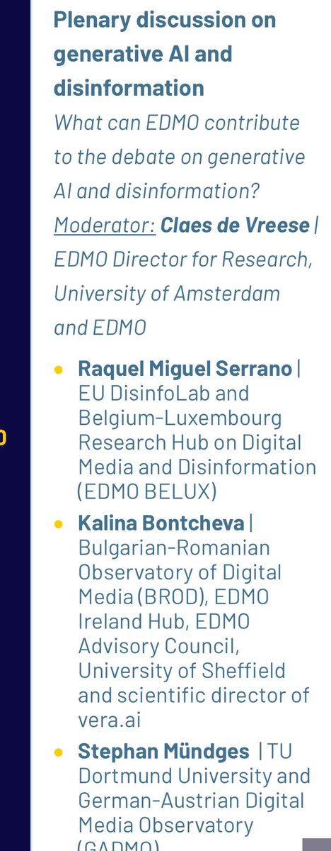 At today’s #EDMOeu meeting at @ADMOeu we discuss the impact of generative AI on #disinformation. Following my introduction, @RaquelMiguel6 from @DisinfoEU @Edmo_Belux, @kbontcheva @BROD_EDMO, and @muendges @GADMOeu offer their perspectives before an @EDMO_EUI wide discussion.