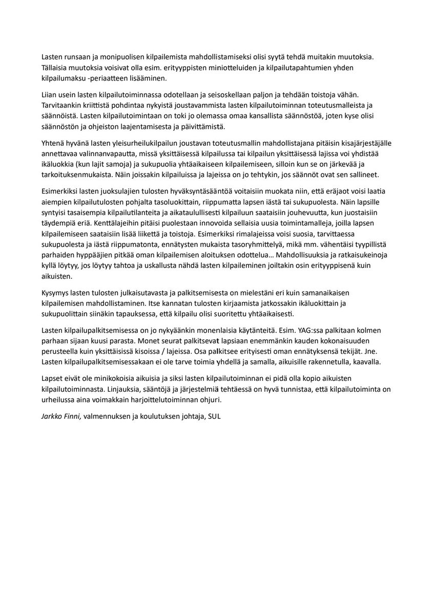 Kommenttipuheenvuoro lapsuusvaiheen (alle 13 v) yleisurheilusta ja lasten kilpailutoiminnasta, mihin on viime aikoina kohdistunut paljon mielenkiintoa. 

#yleisurheilu