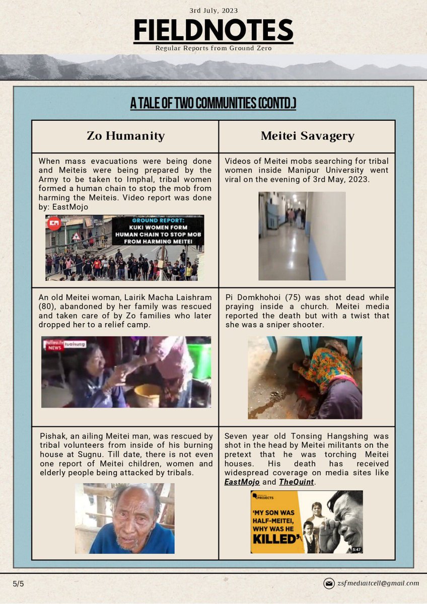 BlissAmbassador's tweet photo. A TALE OF TWO COMMUNITIES

KUKI - ZO HUMANITY

✅ When mass evacuations were being done Vide and Meiteis were being prepared by the wome Army to be taken to Imphal, tribal women viral formed a human chain to stop the mob from harming the Meiteis. Video report was done by: EastMojo
✅ An old Meitei woman, Lairik Macha Laishram (80), abandoned by her family was rescued and taken care of by Zo families who later dropped her to a relief camp.
✅ Pishak, an ailing Meitei man, was rescued by tribal volunteers from inside of his burning house at Sugnu. Till date, there is not even one report of Meitei children, women and elderly people being attacked by tribals.

MEITEI SAVAGERY 

❌ Videos of Meitei mobs searching for tribal women inside Manipur University went viral on the evening of 3rd May, 2023.
❌ Pi Domkhohoi (75) was shot dead while praying inside a church. Meitei media reported the death but with a twist that she was a sniper shooter.
❌ Seven year old Tonsing Hangshing was shot in the head by Meitei militants on the pretext that he was torching Meitei houses. His death has received
widespread coverage on media sites like EastMojo and TheQuint.

The demand for separate administration stands strong and resolute. It is the only viable solution to protect our community, preserve our culture, and ensure lasting peace in Manipur.

Dear (Tribals) brothers and sisters. We must stand united and demand the establishment of separate administration for the betterment and protection of the Zomi-Kuki Tribes.

#UnityForSeparateAdministration
#SeparateAministration 
#SeparateAdministrationOnlySolution  #ManipurViolence #Manipur #ManipurOnFire #ManipurRiots #ManipurHumanRightsCommission #ManipurNews #tribals 
#SaveManipurTribals #tribalunity
#tribal #HumanRightsViolations #HumanRights #MeiteisTerrorist

@RapporteurUn @MelissaFleming @IndianExpress  @thewire_in  @KaranThapar_TTP @newslaundry @EastMojo @AJEnglish @ukhrultimes @timesofindia @htTweets  @PTI_News @BBCWorld  @rashtrapatibhvn  @AmitShah @RahulGandhi @priyankagandhi @KimHaokipINC @TribalAffairsIn @narendramodi @UN @UNICEFIndia @UNICEF @unwomenindia @UNHumanRights @INCIndia @min_homeaffairs @adgpi @easterncomd @TheDeshBhakt @ThePrintIndia @TheQuint @CNN  @ashoswai @rwac48 @jeegujja @AJENews @Jairam_Ramesh @afridahussai @ravishndtv @dhruv_rathee @IndiaTodayNE  @abhisar_sharma @TribalArmy @HansrajMeen
