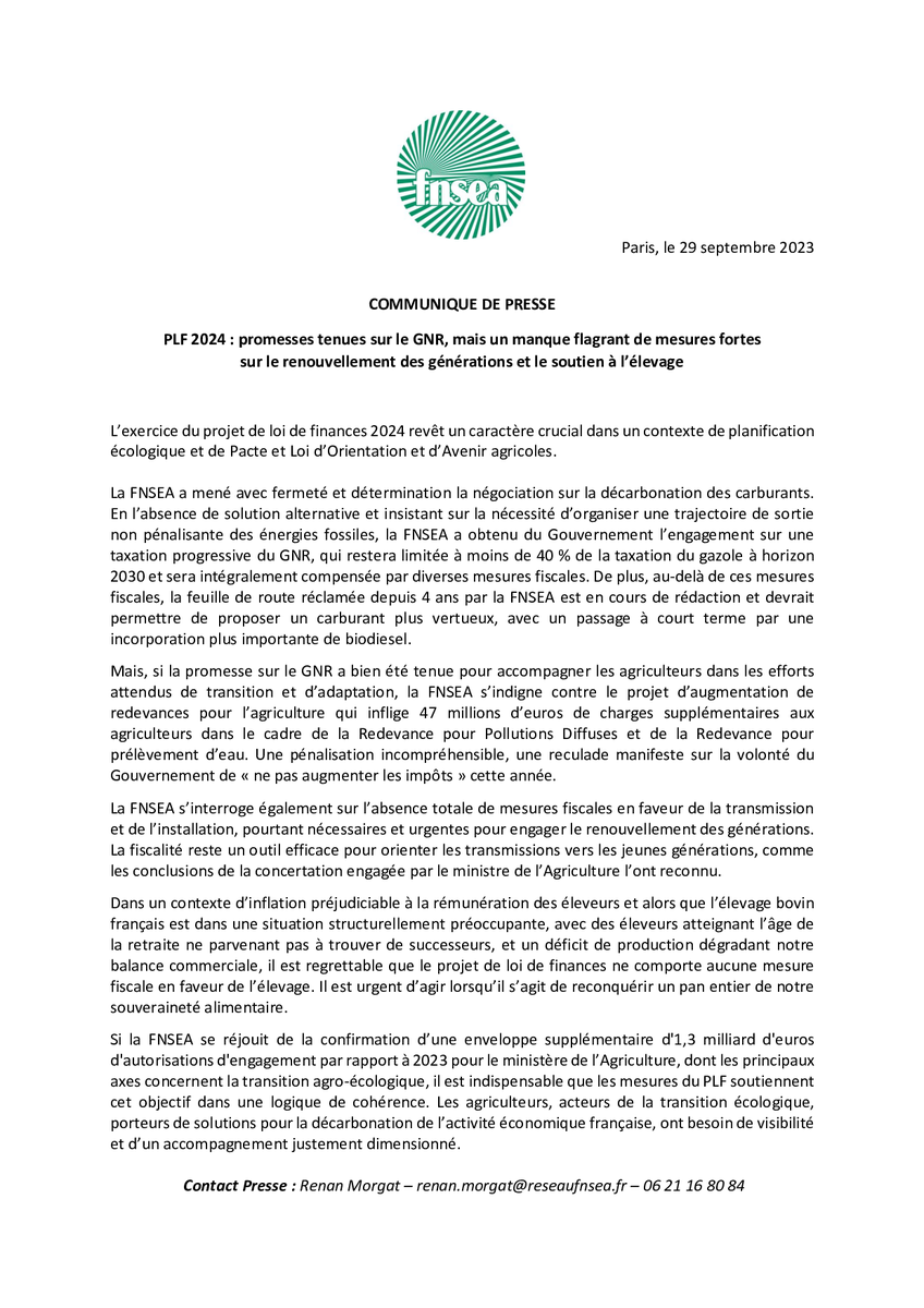 [#CP] #PLF2024 : promesses tenues sur le #GNR, mais un manque flagrant de mesures fortes  sur le renouvellement des générations et le soutien à l’#élevage 

Retrouvez notre Communiqué de Presse👇