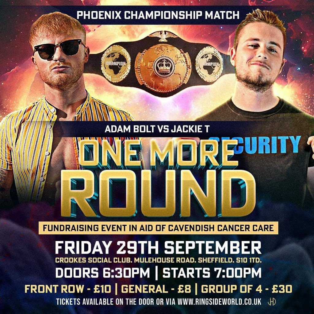 ITS TODAY !!

TICKETS ARE STILL AVAILABLE ON THE DOOR!!

Fundraising In Aid Of <a href="/CavCancerCare/">Cavendish Cancer Care</a> 

One More Round 
September 29th
<a href="/CrookesSocial/">Crookes Social Club</a> #SHEFFIELD

<a href="/phoenixevents4/">Phoenix Events</a> Champion <a href="/Jack_Tayson99/">Jackie T</a> Vs <a href="/AdamBolt_/">Adam Bolt</a> In A Sheffield Street Fight