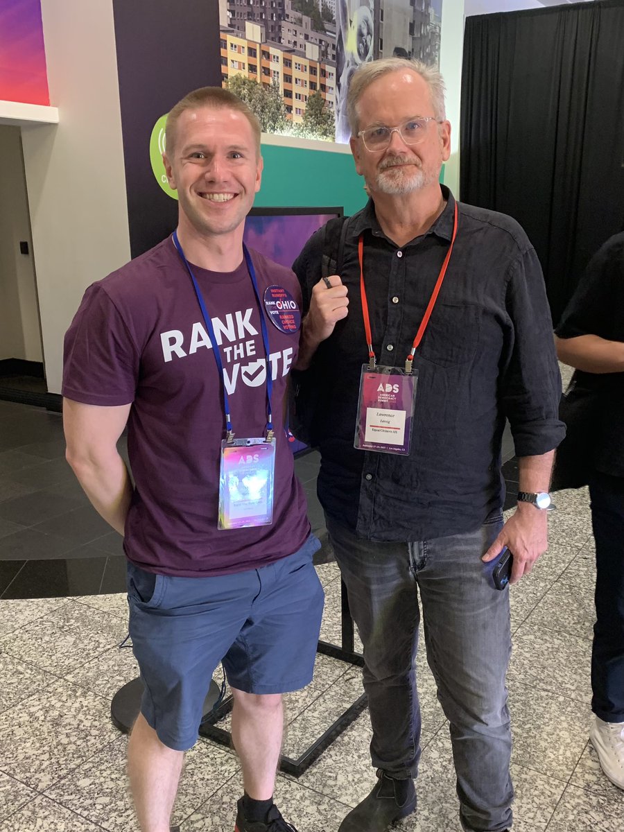 KyleHermanOhio's tweet image. I first learned about #RankedChoiceVoting from Prof. Lawrence Lessig’s #FixDemocracyFirst campaign in 2015, and today I met @Lessig while representing @RankTheVoteOhio at the #AmericanDemocracySummit!