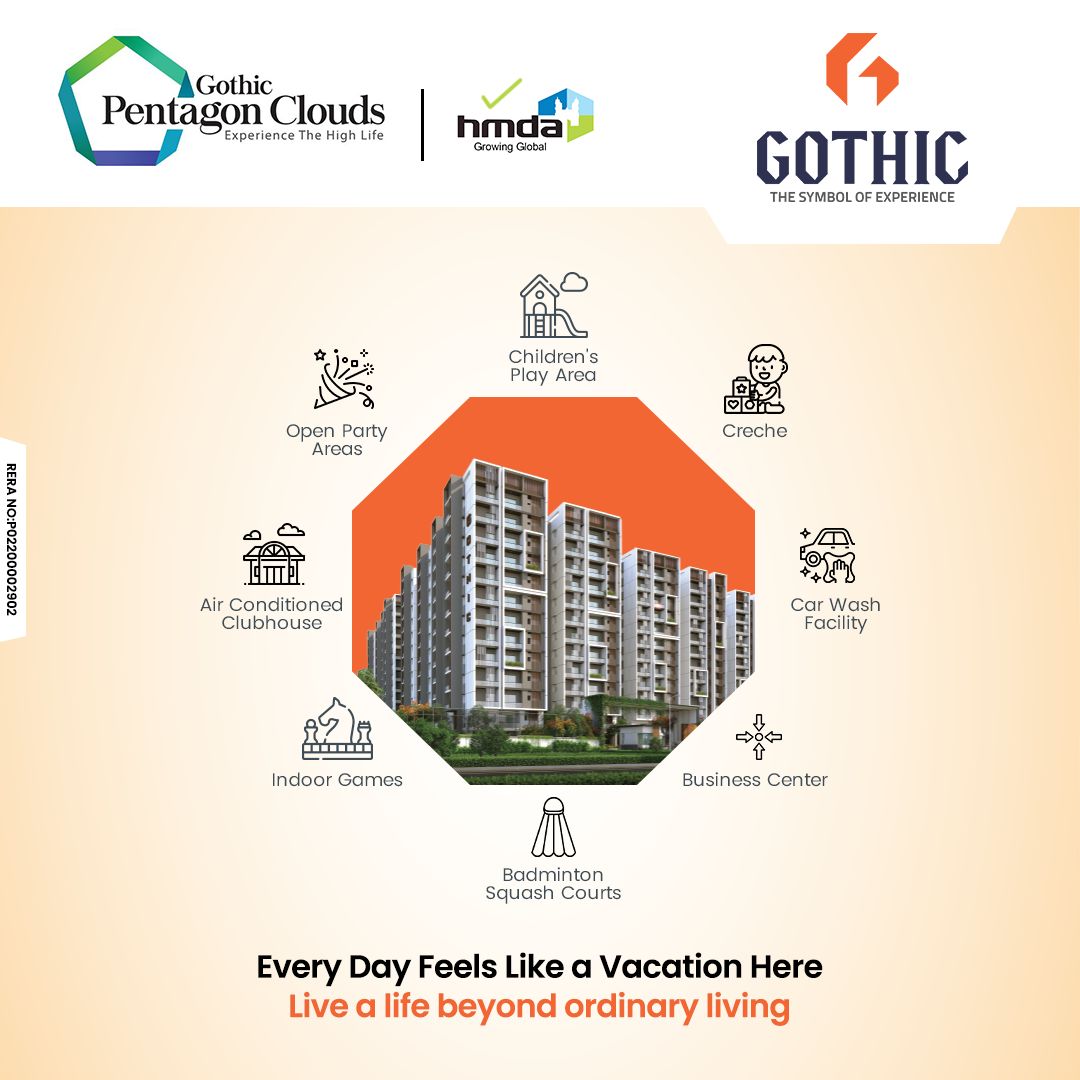 Escape the ordinary, embrace the extraordinary at Gothic Pentagon Clouds. 

With open party areas, a luxurious clubhouse, and more, everyday feels like a vacation. 🌴❤️ 

#GothicPentagonClouds #LuxuryLiving #HyderabadRealEstate #worldofamenities #livealife #2and3bhkflats #5towers