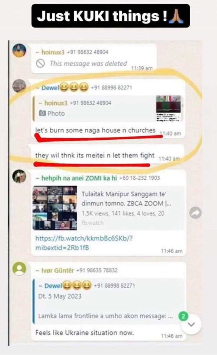 Screenshot leaked from Kuki-Zo WhatsApp Group Chat.

Here is the concrete evidence that the Kuki- Zo community playing victim card and blaming to Meiteis.

Shame on you.

#KukiLiesXposed
#KukiAtrocities 
#ManipurViolence
#SaveManipur

<a href="/meiteiheritage/">Meitei Heritage Society</a> <a href="/SaveMeitei/">Apunba Meitei</a> <a href="/dhiraj_luwang/">Dhiraj Luwang Vlogs</a>