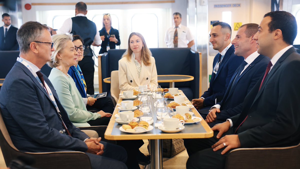 Positive meeting with <a href="/vonderleyen/">Ursula von der Leyen</a> on our way to Gozo. Our discussions primarily revolved on economy, energy &amp; migration. Today holds special significance for 🇲🇹 as we host the MED9. Cooperation is key to ensure that the realities of the Med region are taken into account. - RA