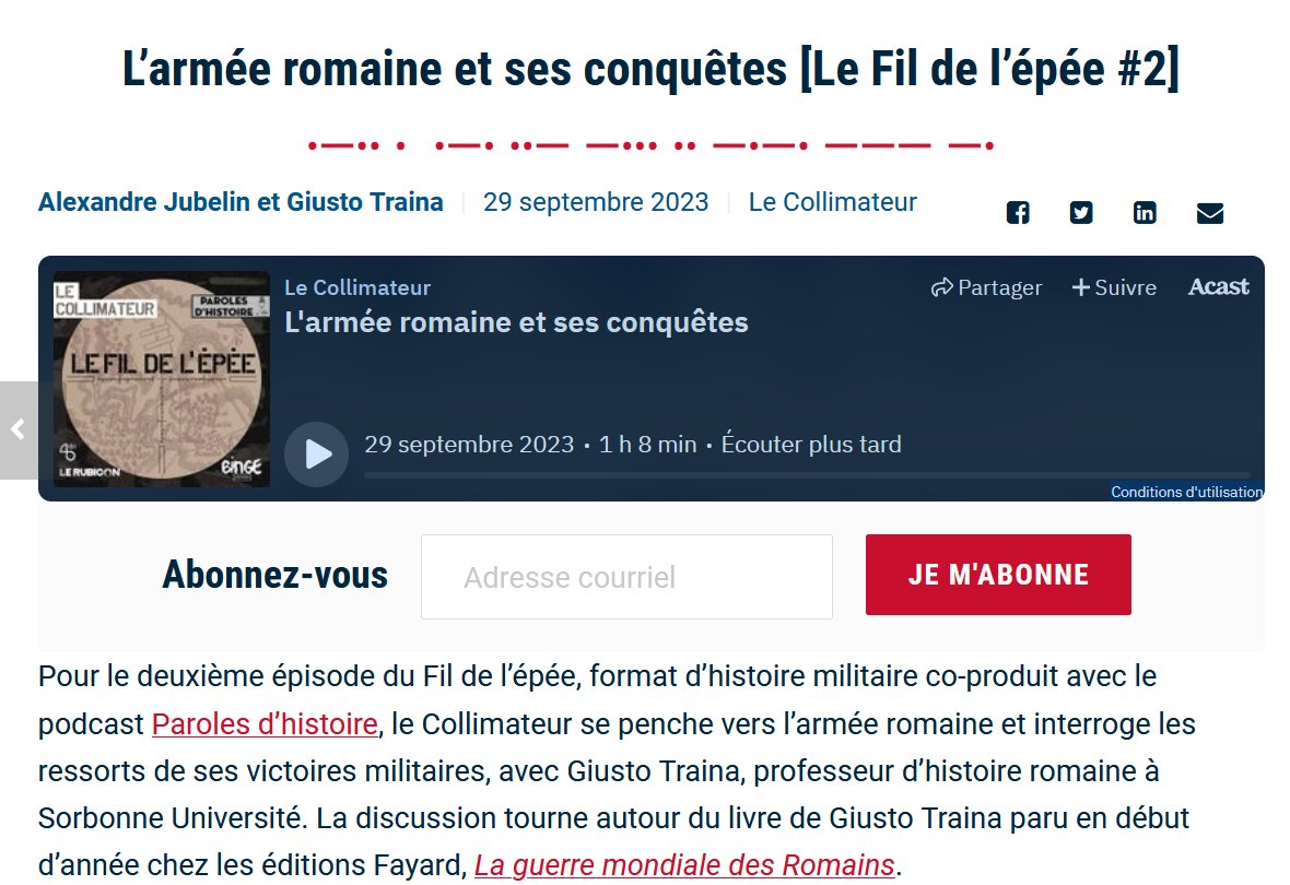 Un nouveau podcast en ligne ce matin: l'armée romaine et ses conquêtes, avec Giusto Traina interviewé en compagnie d' <a href="/alexjubelin/">Alexandre Jubelin</a> 
Pour écouter et s'abonner :
lerubicon.org/larmee-romaine…

#teamRomains
#fildelepee 
#aleajactaest