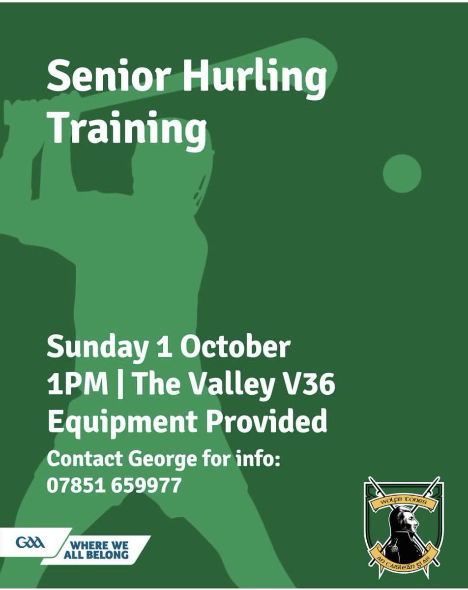 WolfeTones Senior Hurling Training 

Sunday 1st October 
1pm @ Valley V36

New Players Welcome 🍀