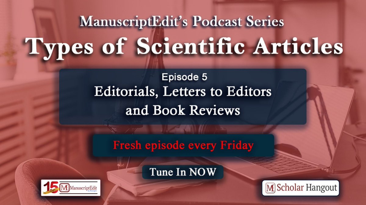 manuscriptedit's tweet photo. Explore the world of Scientific Articles in our fifth and final podcast episode!
Episode 5: "Editorials, Letters to Editors, and Book Reviews" is now available. Listen here: https://t.co/SJH4TssZJZ
#ScientificArticles #Editorials #BookReviews #ScholarlyCommunication #Research https://t.co/KsUDGwbSCO