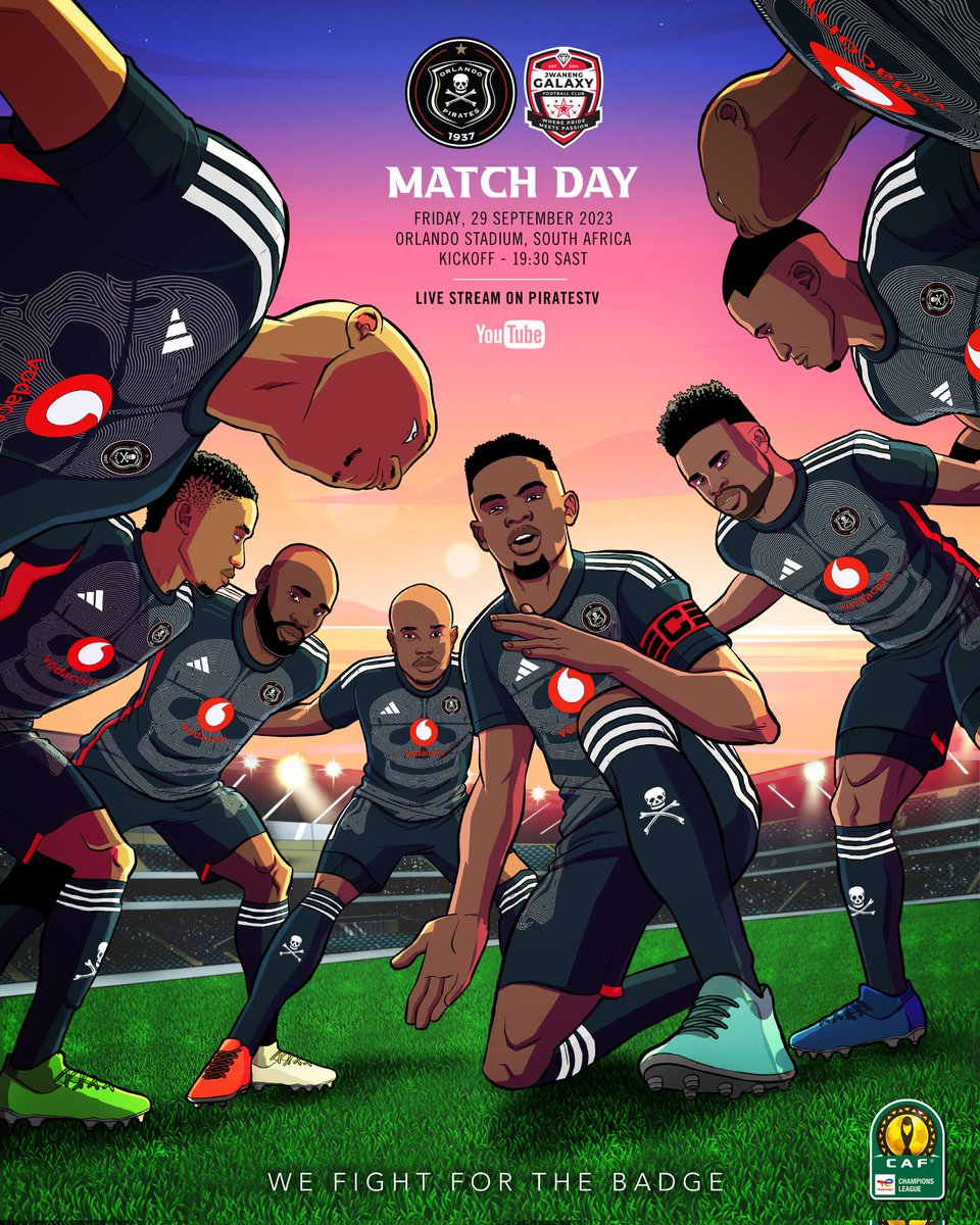 orlandopirates's tweet photo. ☠️ 🌍 𝗠𝗔𝗧𝗖𝗛𝗗𝗔𝗬 🌍

🏆 #TotalEnergiesCAFCL 2nd Preliminary Round
🛎 Leg 2 of 2
⚽️ @orlandopirates vs @JwanengG
📆 Today, 29 September 2023
🏟 Orlando Stadium 🇿🇦
🕢 19h30 SAST
🎫 @TicketProSA 👉🏿 https://t.co/rz3pE73leT

📺 LIVE on PiratesTV 👉🏿 https://t.co/FMnx0D8er5

⚫⚪🔴⭐
#Matchday
#OrlandoPirates 
#OnceAlways