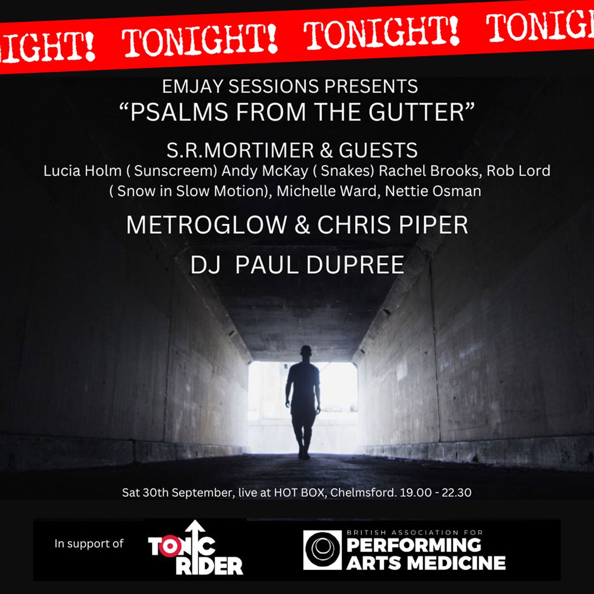tonicmusicmh's tweet photo. TONIGHT in Chelmsford!
Emjaymedia presents S.R.Mortimer &amp; guests - 'Psalms From The Gutter'.
Our own Jeordie Shenton will be introducing the evening.
Proceeds going to Tonic Rider and BAPAM.
Tix > https://t.co/EDOjTLtQ3o
#TonicRider #BAPAM #Chelmsford #HotBox
#MentalHealth https://t.co/XmyfYuAuSo