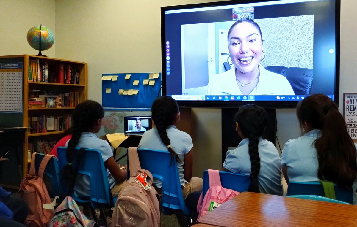 paulkantz's tweet photo. After school club (4th-5th gr) had a wonderful Zoom chat w/ our awesome scientist friend @alexxsaladbar who shared info about her path to becoming a #1stgen college student, her experiences as a #LatinaInSTEM  &amp; her work w/ electron microscopes @scrippsresearch. @SchulzePanthers https://t.co/84iK89d8ym