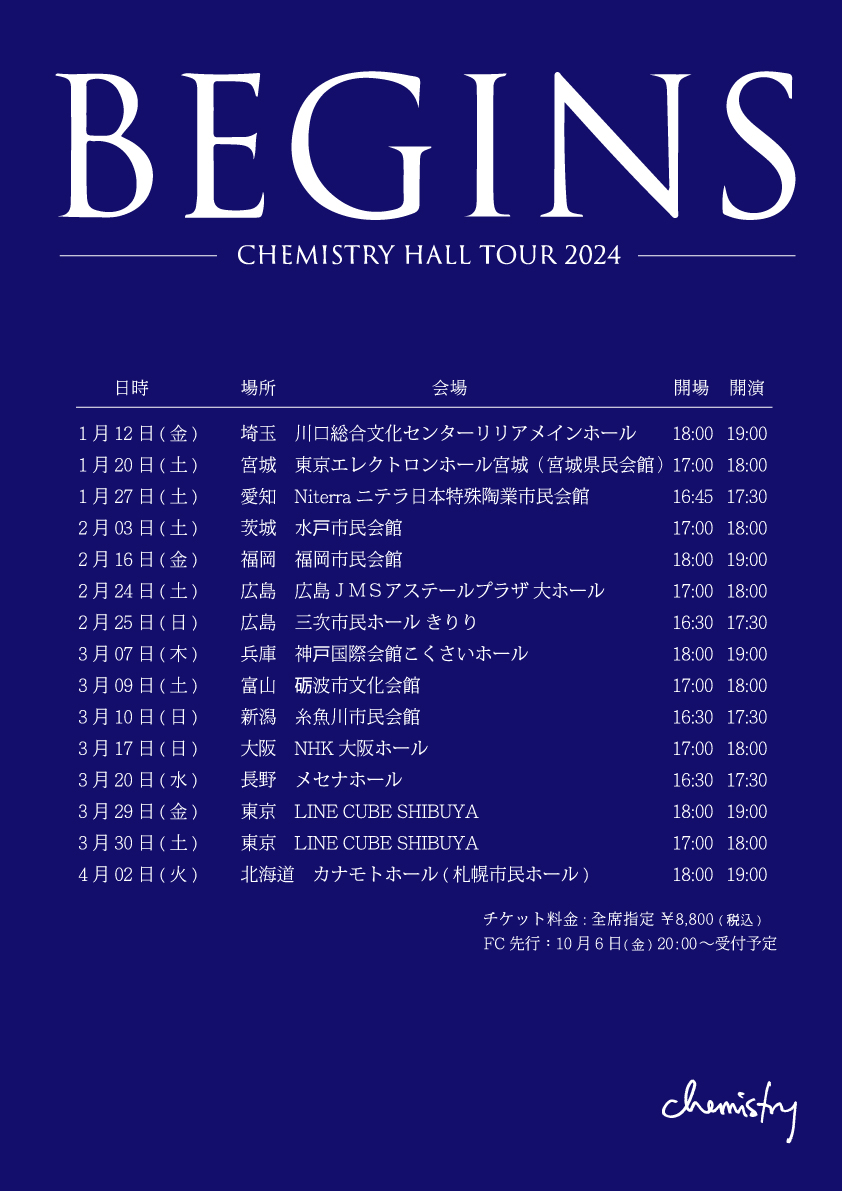 CHEMISTRY_2011's tweet photo. 【#ケミストリー 全国ホールツアー決定🎤】
その名もCHEMISTRY ホールツアー2024「BEGINS」
久しぶりの全国ツアーは全15公演！

「いままで」と「これからの」CHEMISTRYを是非体感してください❗️

10月6日(金)20:00よりFC先行受付開始！

▼詳細はオフィシャルHPをチェック👍
https://t.co/5Xq0ra1kg4 https://t.co/sXAQx8Y8HJ