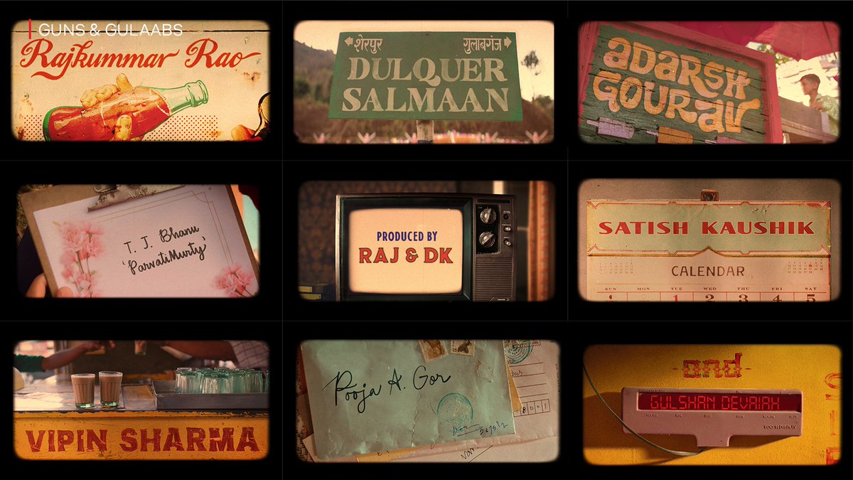 aar_u_shirious's tweet photo. Guns and Gulaabs End Credits : backstories + reveals — a thread!

Each slate, inspired by the events &amp; typography of a small town India of the 90s,  speaks to the character essayed by the actor. 
Also featuring - some pop cult refs + easter eggs as swt surprises, and my catto! https://t.co/UTWKcdAu5l