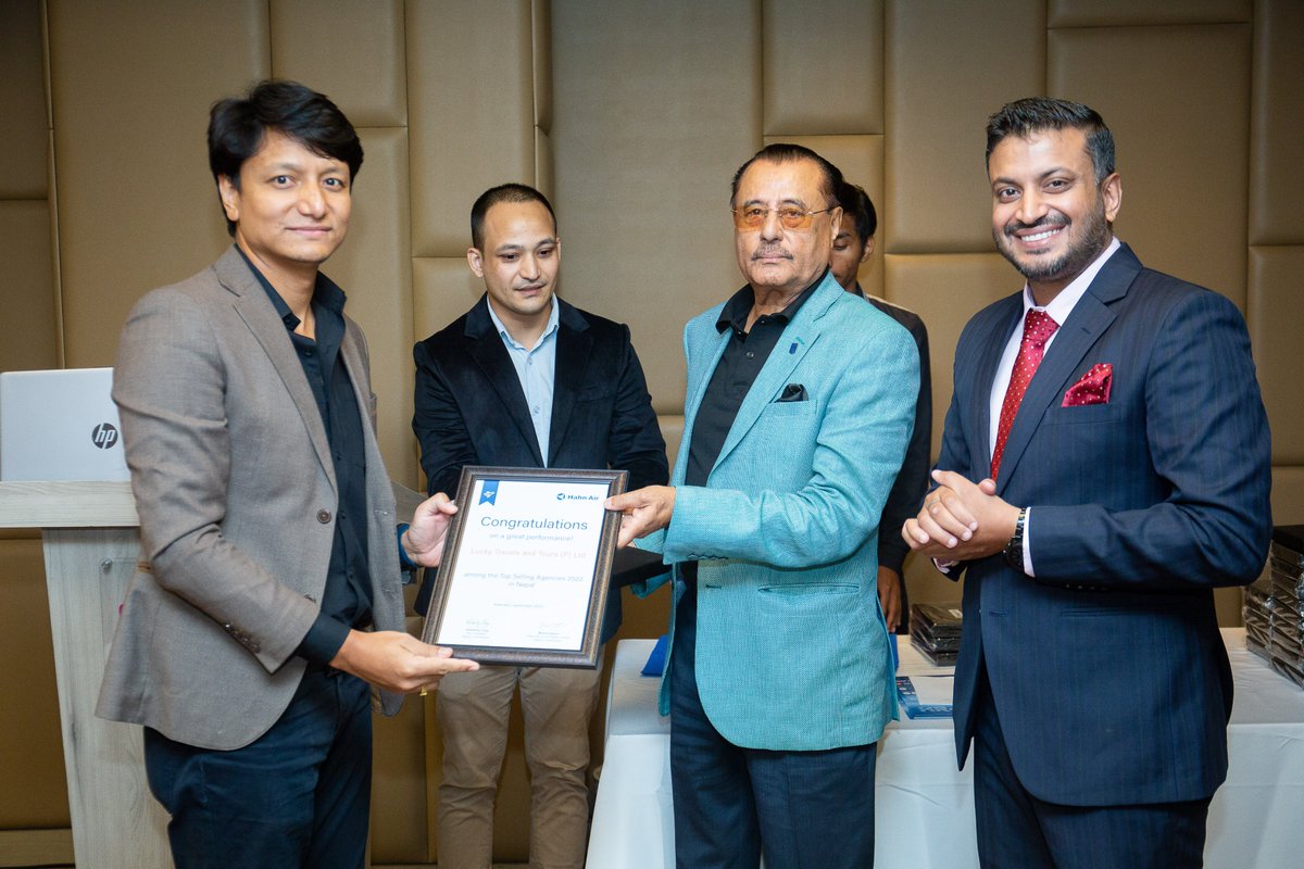 Hahn_Air's tweet photo. Together with our Service Partner in Nepal, President Travel &amp; Tours P. Ltd., our regional VP Bharat Kapoor held a reception at Aloft Hotel Kathmandu. Highlight was the award ceremony where we recognised the top Hahn Air selling Nepalese agencies of the business year 2022. https://t.co/HFat8VA0F3