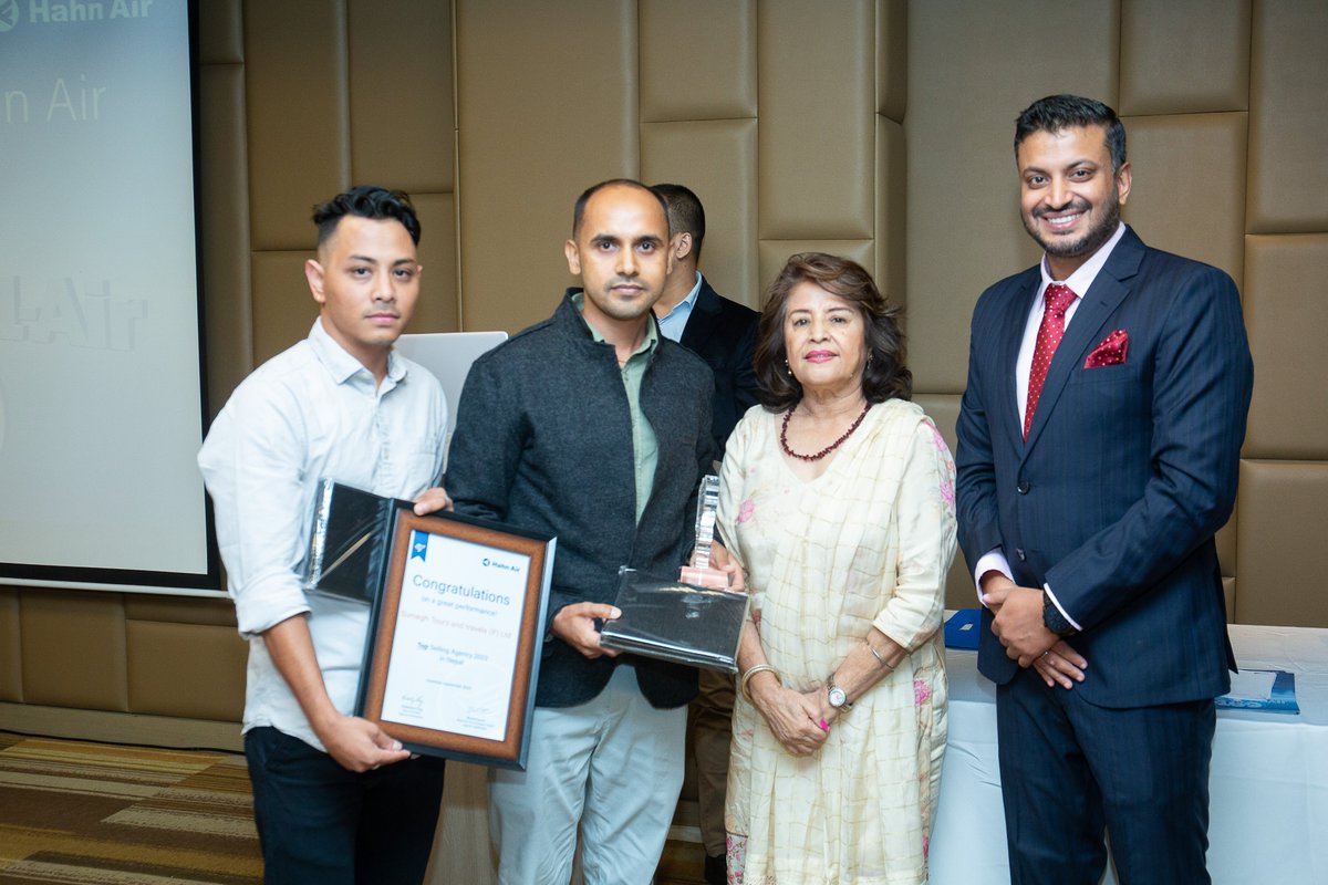 Hahn_Air's tweet photo. Together with our Service Partner in Nepal, President Travel &amp; Tours P. Ltd., our regional VP Bharat Kapoor held a reception at Aloft Hotel Kathmandu. Highlight was the award ceremony where we recognised the top Hahn Air selling Nepalese agencies of the business year 2022. https://t.co/HFat8VA0F3