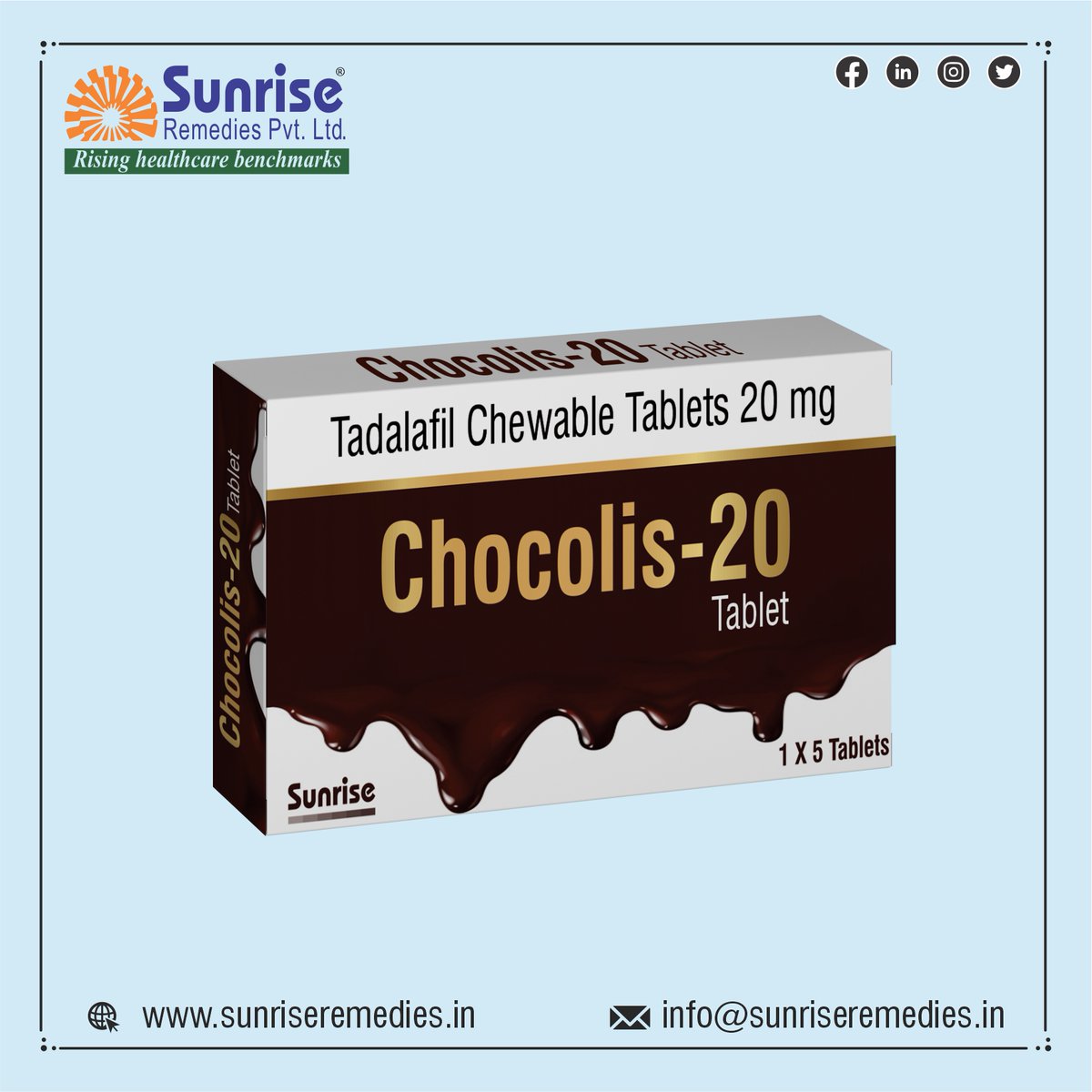 Increase Your Night Life with #ChocolisChewable Contains Tadalafil Chewable Most Popular Products From Sunrise Remedies Pvt. Ltd.

Read More: sunriseremedies.in/our-products/c…

#Tadarise #TadalafilChewable #SildenafilChewable #Dapoxetine #Vardenafil #Avanafil #Udenafil #EDPills #PEPills