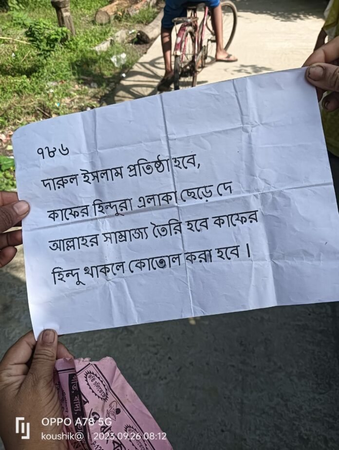 hindupost's tweet photo. “786, Darul Islam will be established, Kafir Hindus leave the area, the Kingdom of Allah will be made, any remaining Kafir Hindus will be slaughtered.”

Posters carrying this message were plastered in Sonakhali of Basanti police station area in South 24 Parganas district. On the night of 26th, the Murti of Maa Manasa was desecrated and beheaded at Mahakurpara village of Ramchandrakhali, in the same Basanti PS area.

This is the same Basanti area in where during the 2021 post-poll pogrom, Hindu activists told HinduPost this, "Gosaba and Basanti, South 24 parganas district: JCB (bulldozers) are being used to demolish houses, with full knowledge of local administration. In parts of the district where women are being raped and molested or houses burnt, no ambulances are being allowed due to which there is no official record in hospitals. This is how they are ensuring that officially, these crimes simply don’t exist."

In 2017, the same area had witnessed anti-Hindu violence when sacrilegious hate speech was made by an imam related to Furfura Sharif dargah/mosque. The Pir or head of that dargah Abbas Siddiqui has since formed the ironically named Indian Secular Front and allied with other 'secular' forces during election. Siddiqui unveiled his genocidal streak when he wished for the death of 50 crore people in Bharat during the pandemic.

The ground reality in the Republic of India is 180 degrees opposite of what our elites and Western commentators want you to believe. 

Hindus are facing organized, persistent , low-scale pogroms and religious cleansing in hundreds of areas across Bharat.
