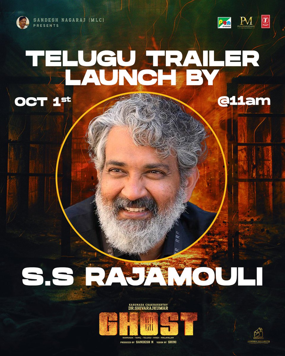 The Telugu trailer of our action-packed thriller #GHOST at 11 AM on the T-Series YouTube channel. Set your alarms! 🎥👻  #Rajamouli #Tseries #Shivanna #GhostTrailer #Ghost #BossOfSandalwood #DrShivarajkumar #SandalwoodUnited