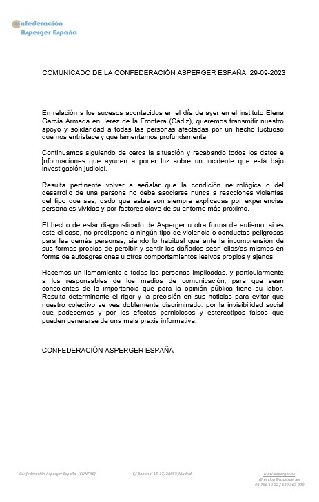 Comunicado de la Confederación Asperger España en relación a los acontecimientos del día de ayer en un IES de Jerez de la Frontera (Cádiz). 

#Asperger #TEA #jerezdelafrontera #Cadiz #Acoso #AcosoEscolar 

asperger.es/comunicado_asp…

asperger.es/index.php