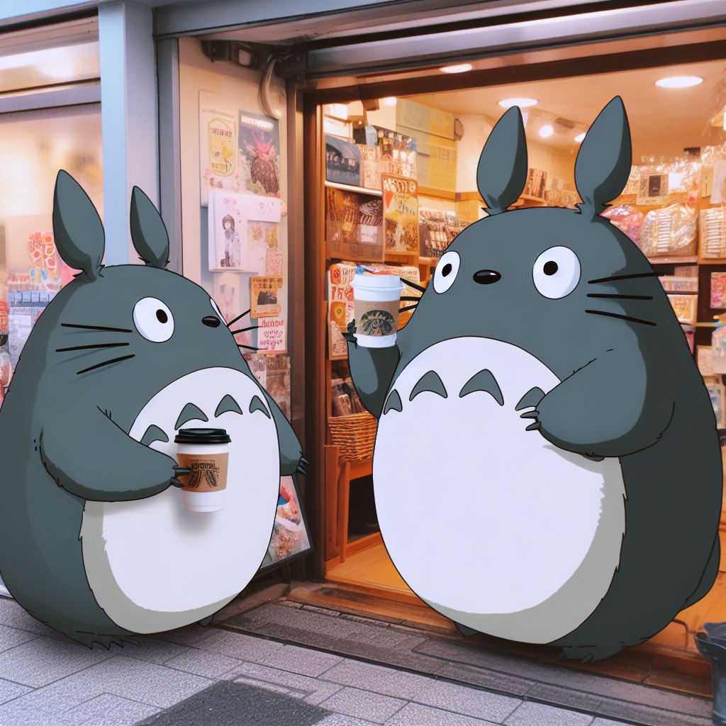 thenickdude1's tweet photo. "Anime cartoon style Totoro from Studio Ghibli, buying coffee, inserted into a real world photo" #dalle3 #bingimagecreator https://t.co/xkGbXJhoXb