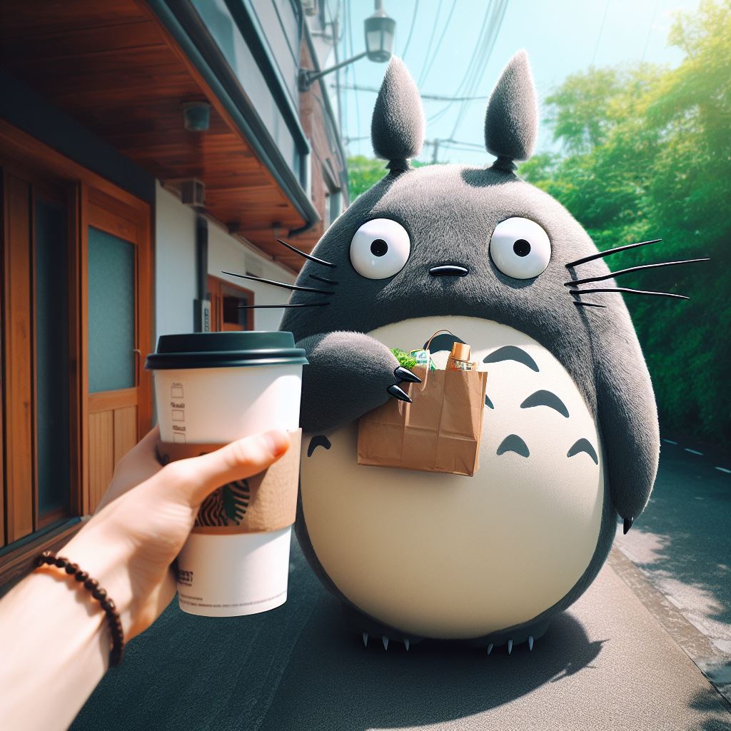 thenickdude1's tweet photo. "Anime cartoon style Totoro from Studio Ghibli, buying coffee, inserted into a real world photo" #dalle3 #bingimagecreator https://t.co/xkGbXJhoXb
