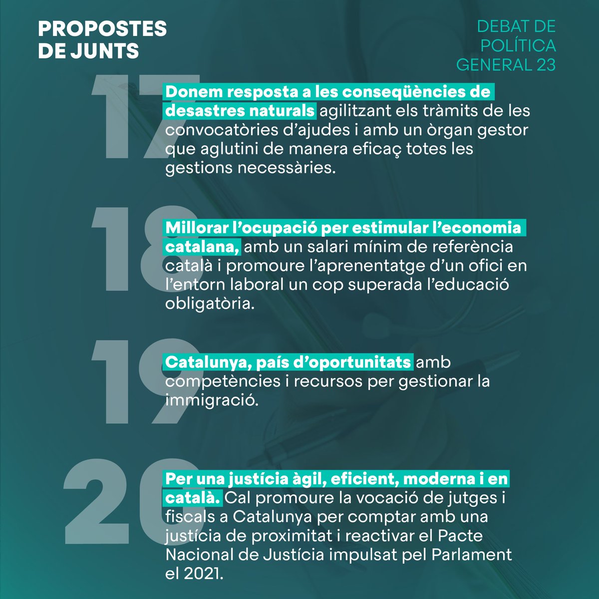 JuntsXCat's tweet photo. ✅ Per una Catalunya amb una fiscalitat justa, amb unes Rodalies que funcionin, amb un sistema sanitari reforçat, que fa front a la sequera, que aposta per projectes estratègics i que fa possible que el català sigui llengua oficial a Europa.

🤝 Solvència i independència. Junts treballem per una Catalunya millor.

Propostes de Junts al #PDG23 (2/2).