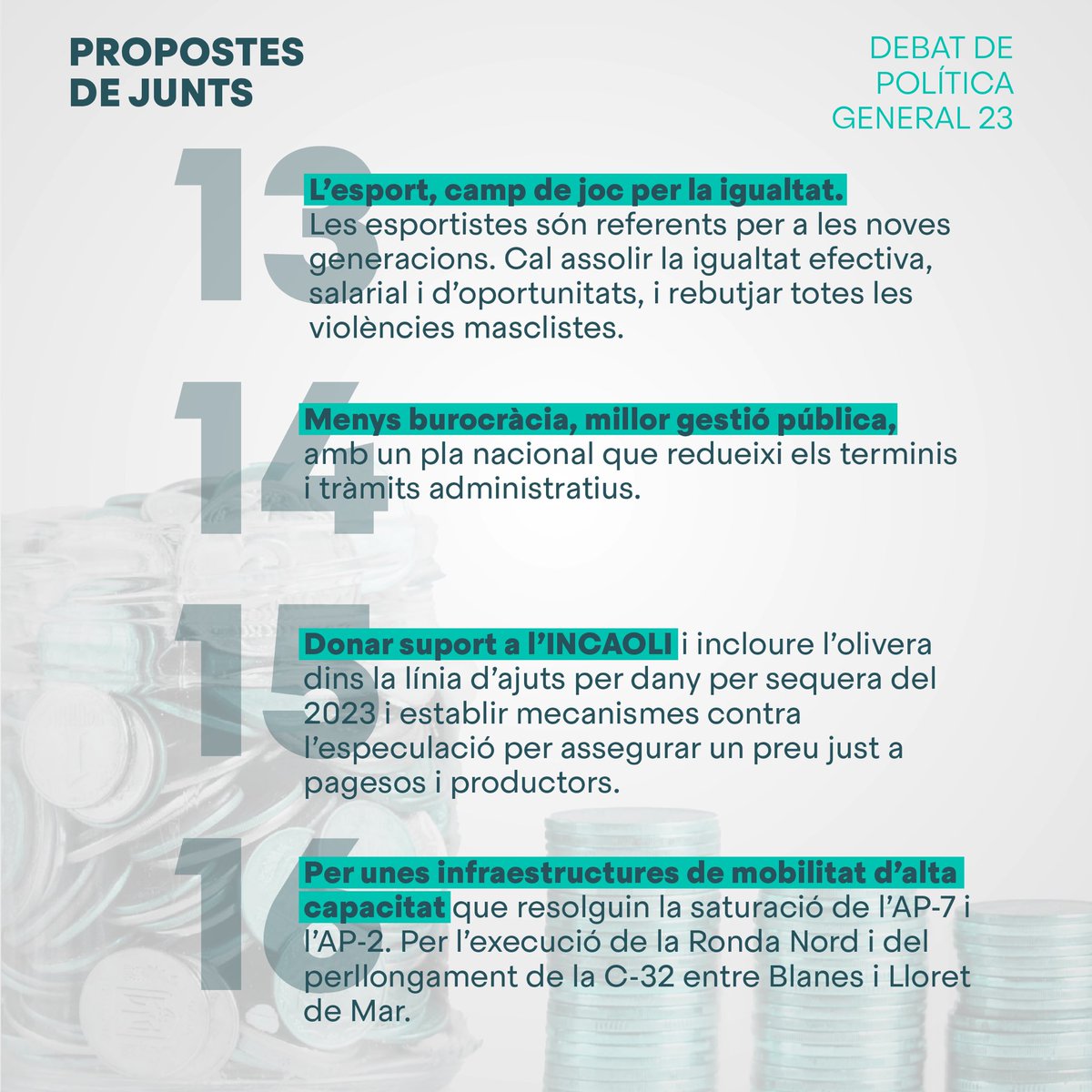 JuntsXCat's tweet photo. ✅ Per una Catalunya amb una fiscalitat justa, amb unes Rodalies que funcionin, amb un sistema sanitari reforçat, que fa front a la sequera, que aposta per projectes estratègics i que fa possible que el català sigui llengua oficial a Europa.

🤝 Solvència i independència. Junts treballem per una Catalunya millor.

Propostes de Junts al #PDG23 (2/2).