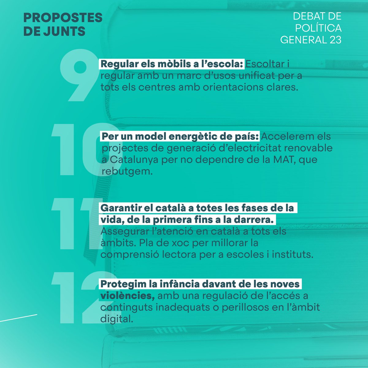 JuntsXCat's tweet photo. ✅ Per una Catalunya amb una fiscalitat justa, amb unes Rodalies que funcionin, amb un sistema sanitari reforçat, que fa front a la sequera, que aposta per projectes estratègics i que fa possible que el català sigui llengua oficial a Europa.

🤝 Solvència i independència. Junts treballem per una Catalunya millor.

Propostes de Junts al #PDG23 (2/2).