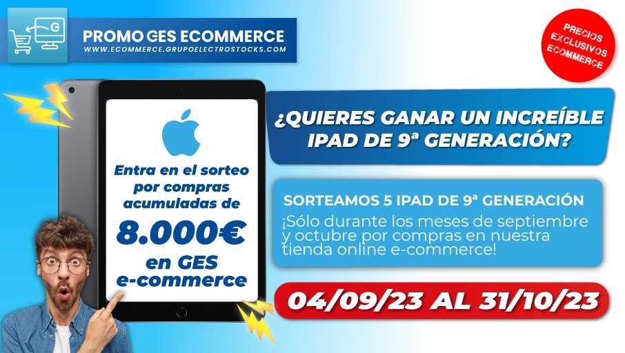 ElectroStocks's tweet photo. #PromoGES #Ecommerce | ¡Ahora puedes llevarte un IPAD de 9ª Generación al realizar tus compras en nuestro #GESecommerce!👨🏼🔧
📲Realiza tus compras, acumula el importe solicitado y, ¡entra en el SORTEO de este estupendo regalo!
¡Del 04/09 al 31/10!
▶️https://t.co/CSAlRXncpm
#GES https://t.co/jTUmJwZPxo