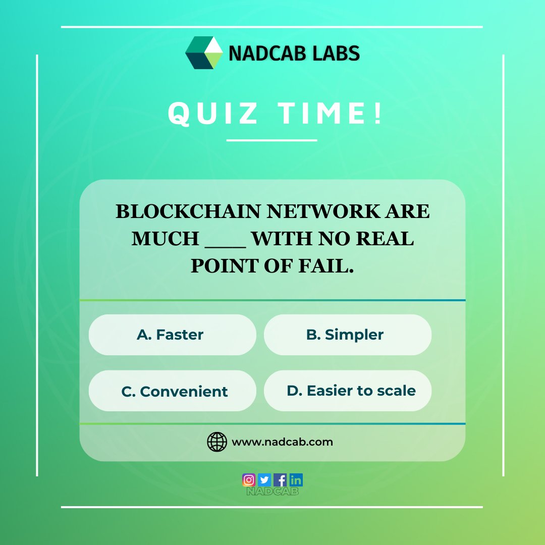 nadcablabs's tweet photo. Fuel Your Creative Spark 🌟: Embark on a Thrilling Journey for 📖 #Knowledge through Our #Captivating 💬Quiz! #IgniteYourIntellect - Blockchain network are much ___ with no real point of fail 1⃣ Faster 2⃣ Simpler 3⃣ Convenient 4⃣ Easier to scale #ChallengeYourself https://t.co/JoZDRYt6H5