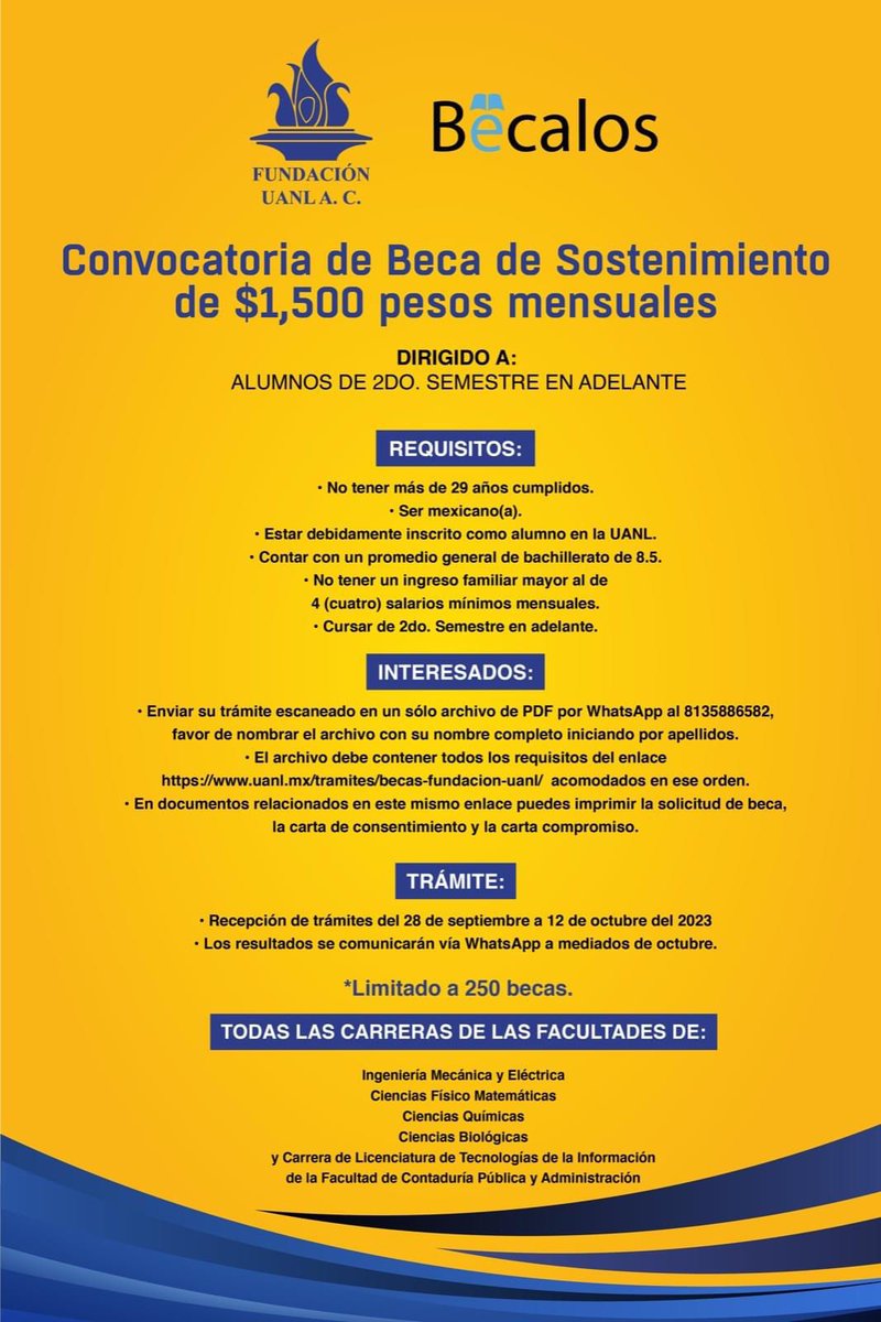 📣 CONVOCATORIA DE BECA DE SOSTENIMIENTO - 2º SEMESTRE EN ADELANTE

¡Junto a Bécalos, te invitamos a postularte a la Convocatoria de la Beca de Sostenimiento! Revisa detenidamente los requisitos y regístrate. Tienes hasta el 12 de octubre para realizar el trámite.

<a href="/biologiauanl/">FCB UANL</a>