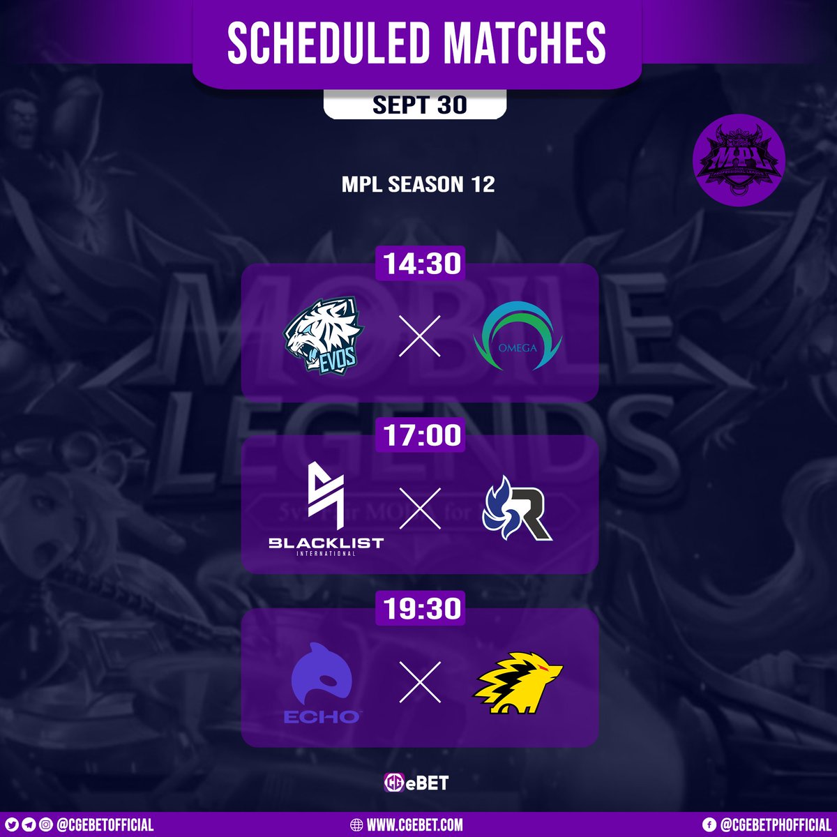 CGeBETOfficial's tweet photo. Mobile Legends MPL Season 12 schedule for Tomorrow! Bet only here at https://t.co/eS7I2QItnL 🔥 

Join our official group on Facebook! Just click the link given below:

https://t.co/UyVoHZdQDT
https://t.co/UyVoHZdQDT https://t.co/IHB4lUPdHi