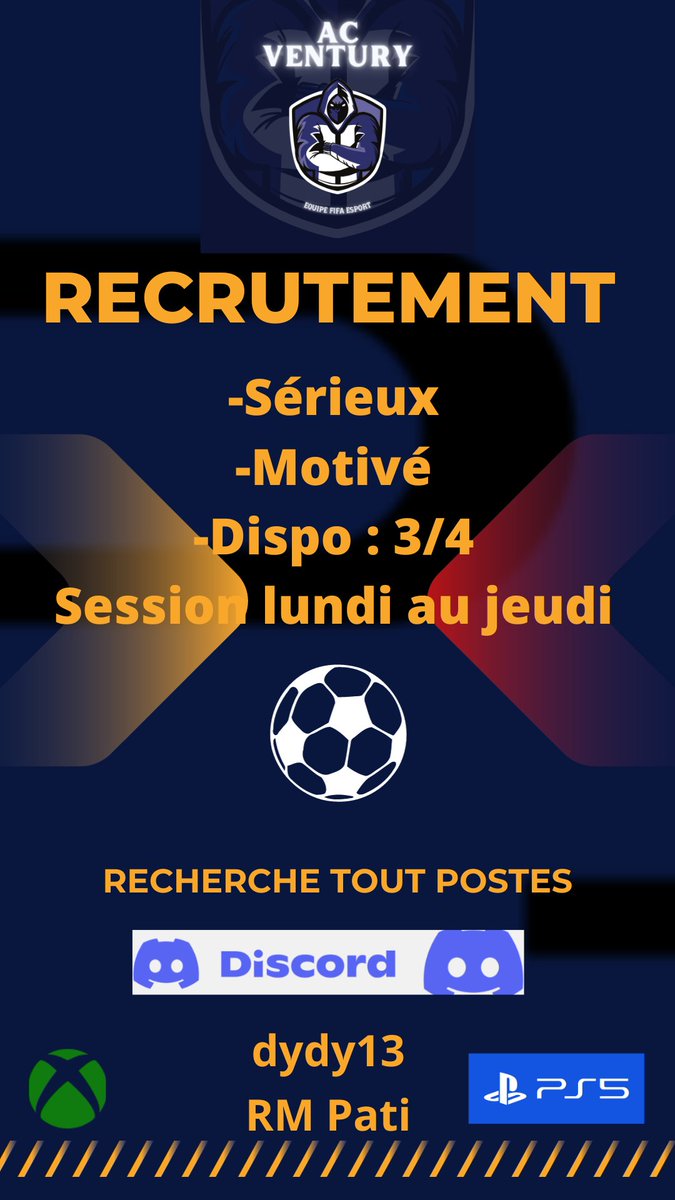 AC Ventury club pro FC24
Ont recherchent des joueurs sérieux avec expérience à plusieurs poste debut compétition dans 2 semaines.
Si vous êtes F/A et motivé avec une dispo de 3/4 minimum contacter moi en PV.
Bonne journée.
#FC24