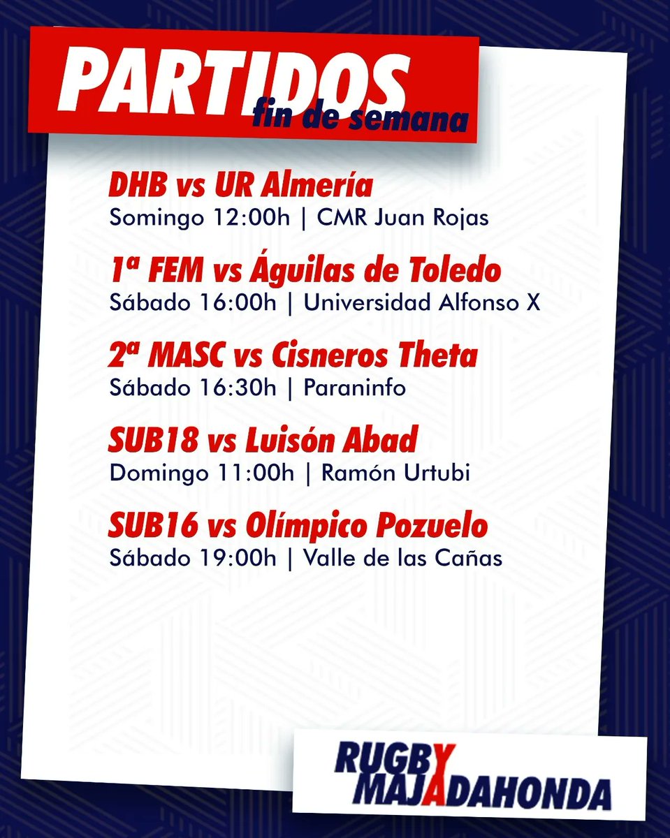 Este finde sigue la competición! 🤩

Empezamos a coger ritmo💪🏼

➡️ Masculino en #DHb y regional🙌🏼
➡️ Femenino en regional (¡A revalidar el título!)🏆
➡️ Sub 18 🤩
➡️ Sub16😎

♥️💙

#RugbyMajadahonda