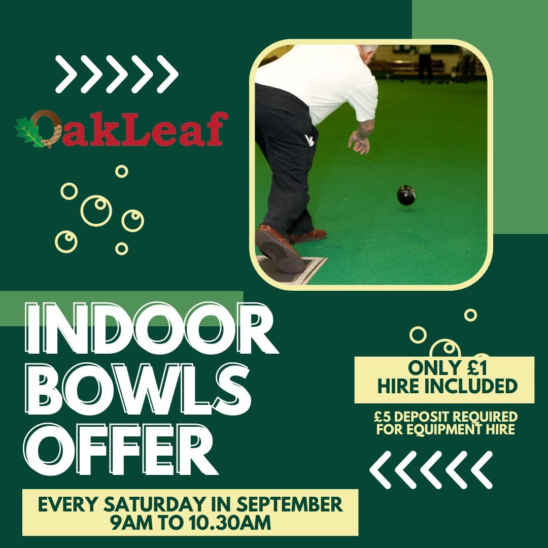 OakleafGolf's tweet photo. We are running an offer on indoor bowls throughout September

Every Saturday, from 9am - 10.30am, come along and play for only £1 including equipment hire

If you haven't tried indoor bowls before then this is a great opportunity!

#indoorbowls #bowls #playlocal #offer #sport https://t.co/PfVCcY3Xmc