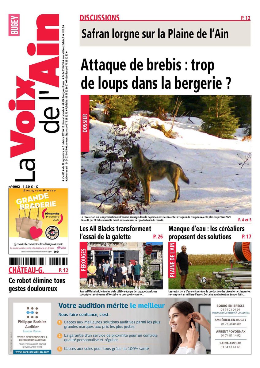 La une du Bugey, cette semaine dans <a href="/lavoixdelain/">La Voix de l'Ain</a>. À lire, un dossier sur le loup 🐺 un bilan sur la gestion de l’eau des agriculteurs 💧et les All Blacks en visite à Pérouges🏉