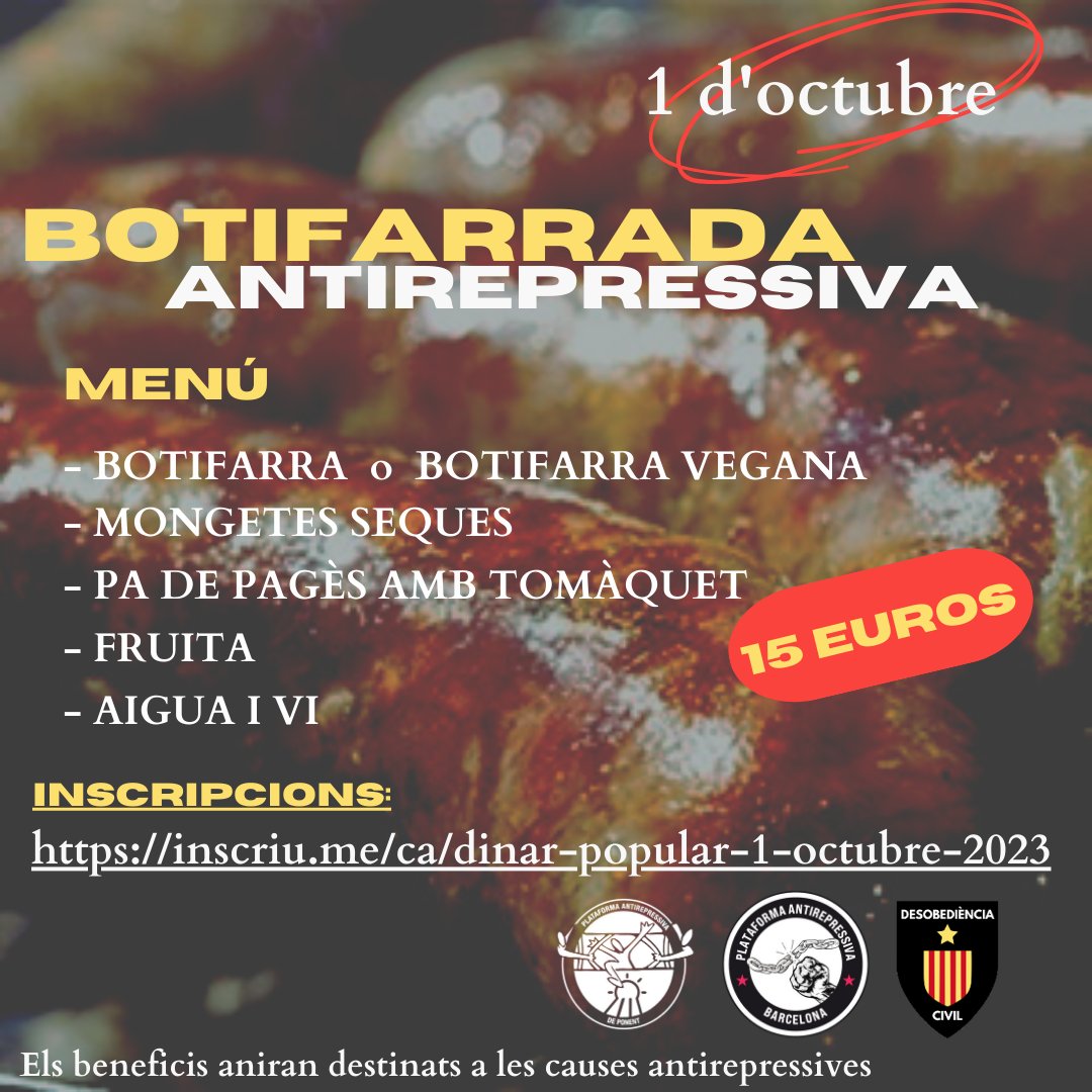 desobedcivil's tweet photo. ⚠️Avui ultim dia per poder reservar el teu ticket pel dinar solidari.

Aquest 1 d'octubre, no et quedis a casa

Carrer, carrer i lluita 💥💥

https://t.co/psYpXyhzjp

#1OctModel 
#1OctAntiRepre 
#1OctOperacioJudes https://t.co/os8AajmIYE