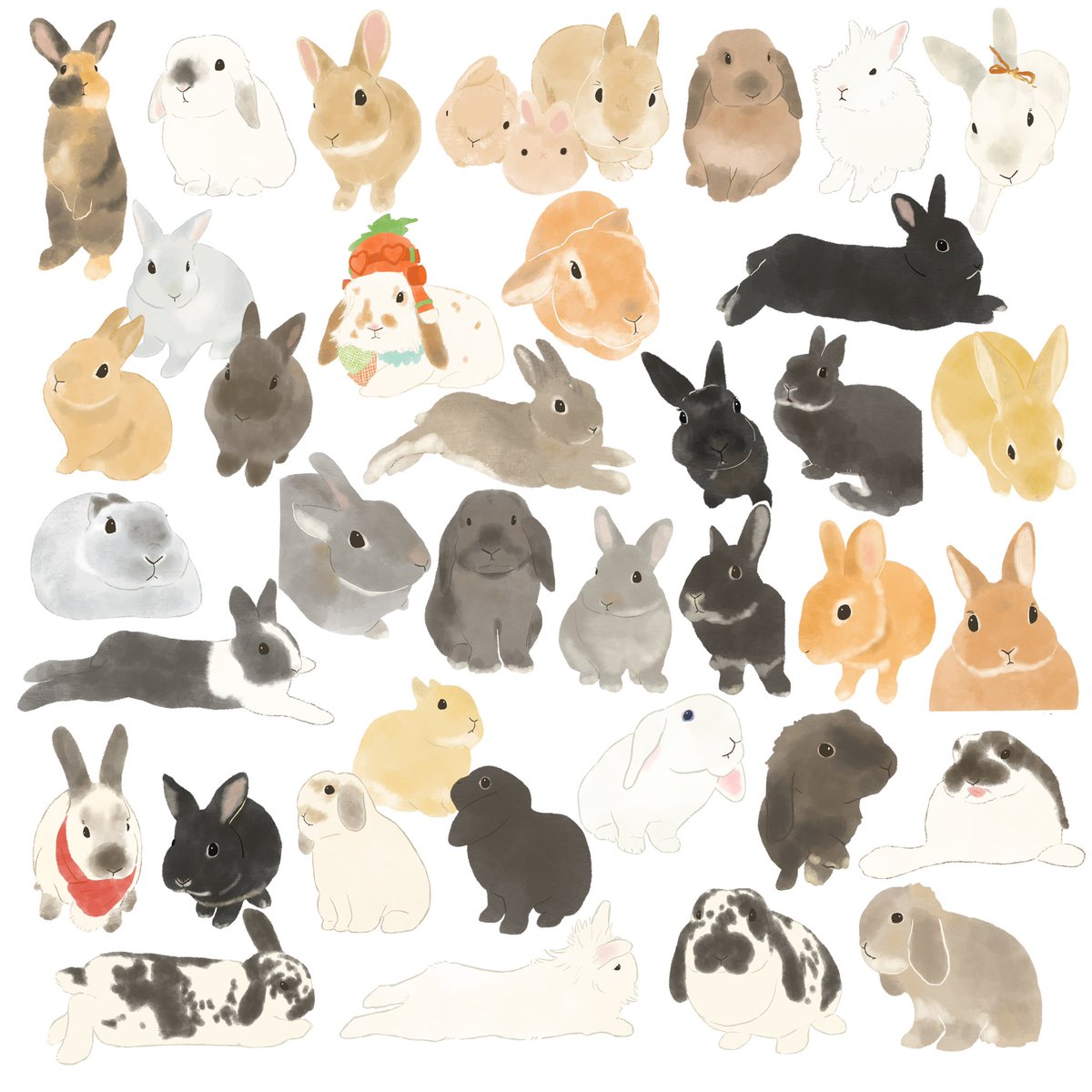 nmsk_iii's tweet photo. 今年のお正月に企画したうさぎさんの似顔絵、無事描き終えました✨
大変お待たせしてしまって本当に申し訳ございませんでした

こんなにたくさんのうさぎさんを描かせていただいて幸せです🥹

鍵アカや旧Twitterのドタバタでイラストをお送りできていない方もいるので、その場合はご連絡ください！ https://t.co/N78Acuwq2L