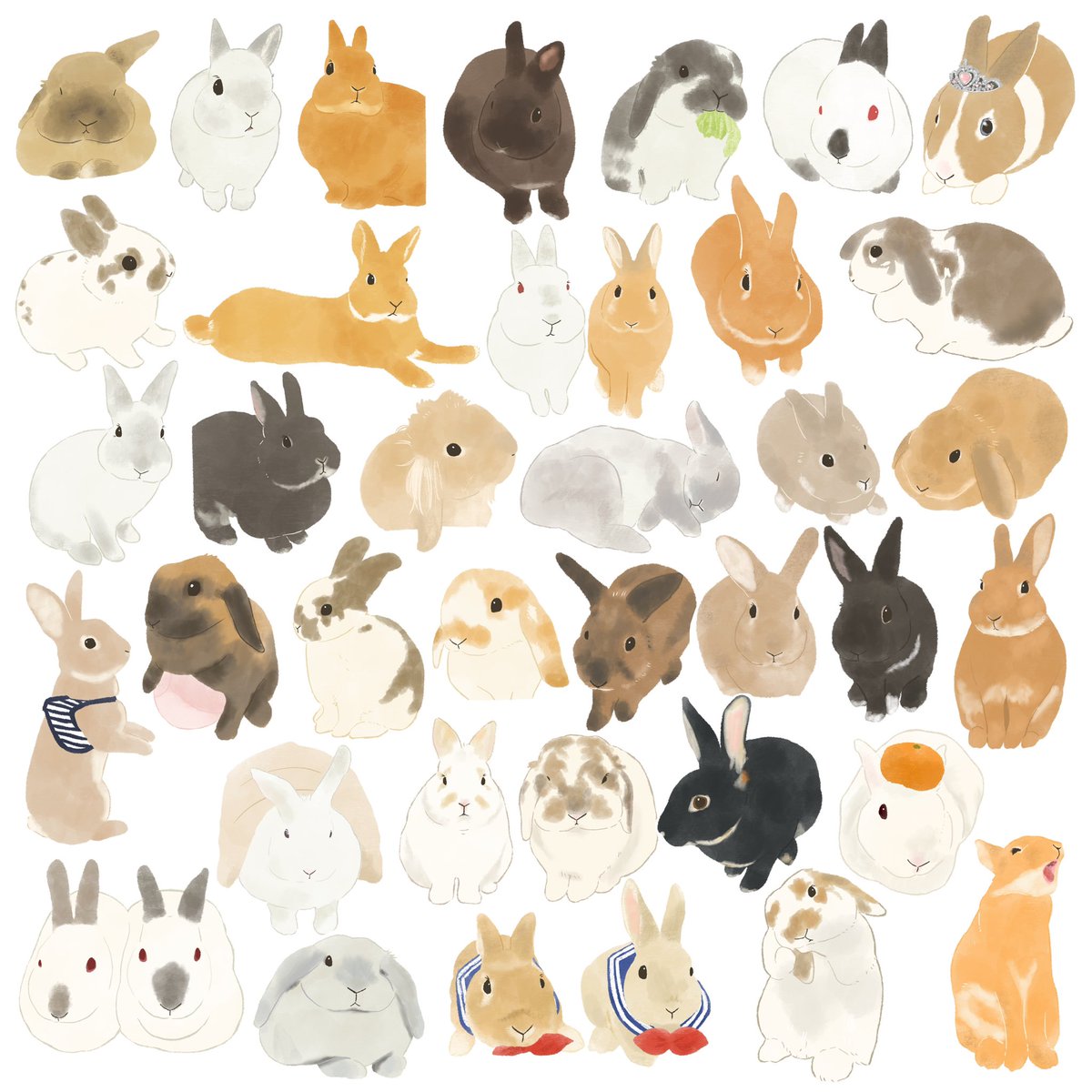 nmsk_iii's tweet photo. 今年のお正月に企画したうさぎさんの似顔絵、無事描き終えました✨
大変お待たせしてしまって本当に申し訳ございませんでした

こんなにたくさんのうさぎさんを描かせていただいて幸せです🥹

鍵アカや旧Twitterのドタバタでイラストをお送りできていない方もいるので、その場合はご連絡ください！ https://t.co/N78Acuwq2L