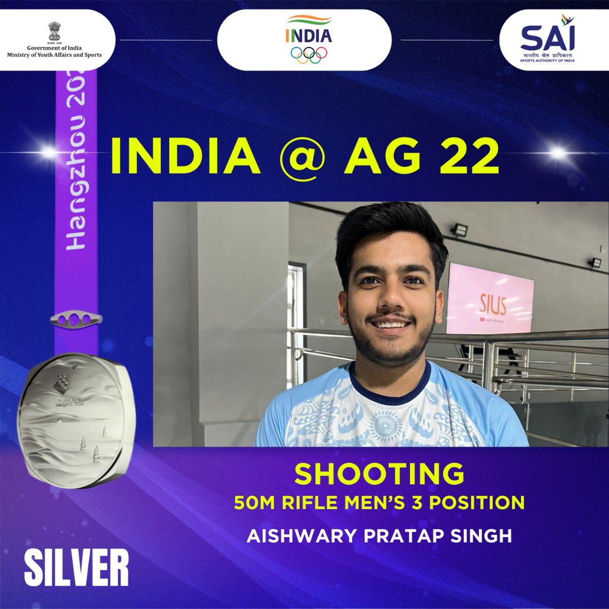 JPNadda's tweet photo. Congratulations to our shooter, Aishwary Pratap Singh Tomar for winning yet another medal and clinching Silver🥈 in Men's 50m Rifle 3 Positions Individual event at #AsianGames2022 !
 
Your accomplishments will surely inspire our young shooters to aim higher! May you keep making India proud.