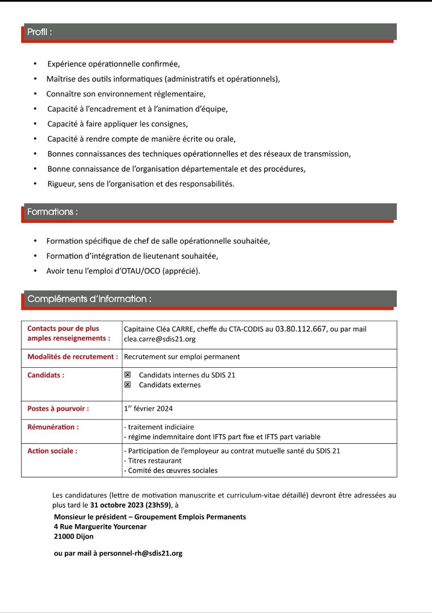 🔷 Le @sdis21 recrute 5 chefs de salle opérationnelle au sein de son #CTACODIS. 
Peuvent faire acte de candidature les #lieutenants de 2ème classe ou lauréats de ce concours. 

✍️ Candidatures avant le 31 octobre 2023 ! 

#Recrutement #pompiers