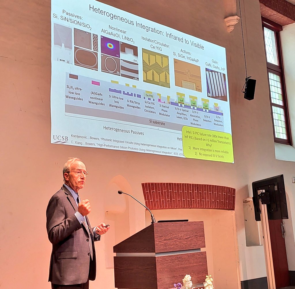 Professor @johnbowers111 of <a href="/ucsb/">UCSB</a> lays out the challenges and opportunities in bringing lasers to silicon photonic chips at scale, here at #LightAndEnlightenment . What is needed, so in ten years’ time we find a photonic chip in every device? <a href="/PhotonicsUGent/">Photonics UGent</a> <a href="/ugent/">UGent</a> <a href="/imec_int/">imec</a>