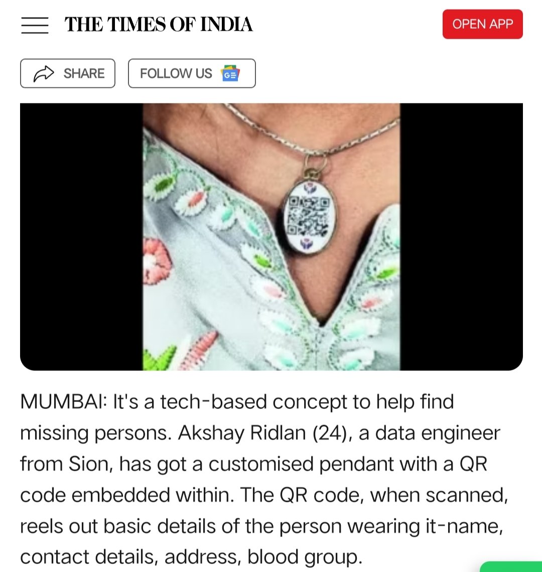 projectchetna's tweet photo. Kudos to @timesofindia for shining a spotlight on our initiative: equipping the elderly and specially-abled children battling Alzheimer's or dementia with QR-based pendants. https://t.co/twb3XdqTWd https://t.co/iNAEb5JDLU