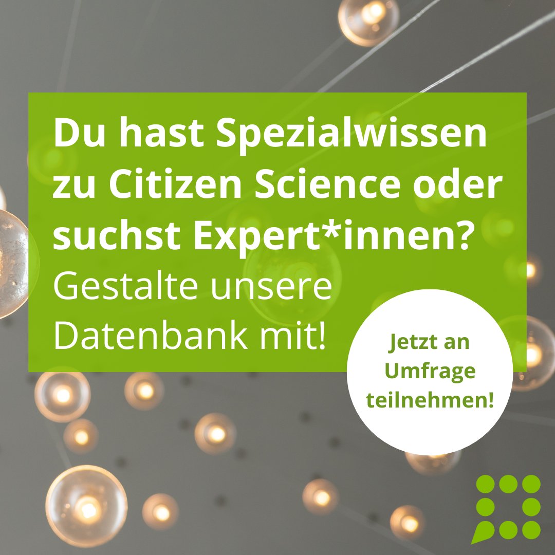Letzte Chance: Noch bis morgen könnt ihr an unserer aktuellen Umfrage teilnehmen. Wir entwickeln eine Expert*innen-Datenbank für #CitizenScience und würden gerne von euren Erfahrungen und Bedarfen hören. Zur Umfrage: soscisurvey.de/Expertinnendat…