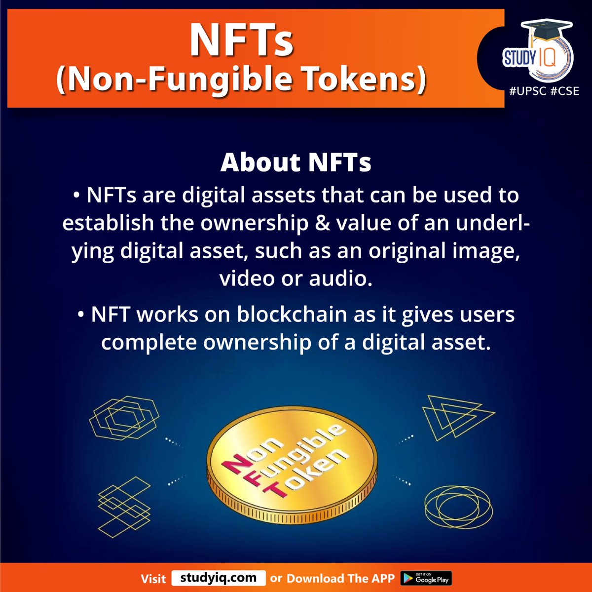upsciq's tweet photo. NFTs (Non-Fungible Tokens)
#nft #nonfungibletokens #digitalassets #whyinnews #blockchain #digitalasset #originalimage #video #audio #digitalwork #upsc #cse #ips #ias #specificinformation https://t.co/Ccl9EUlJyS