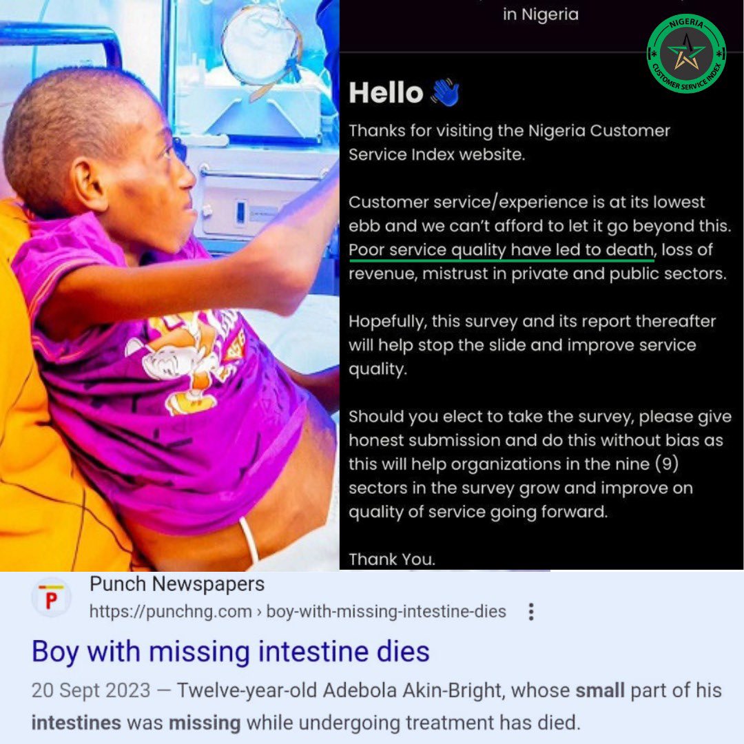 nigeriacsindex's tweet photo. Poor 
service could lead to death
We emphasized this on the home page of NCSI, if you think it doesn’t…have a re think.
Your ratings on the quality of services you receive will help improve service delivery
rate services/sectors on 👇🏾
https://t.co/s3yKQBLYmF 
#ncsi 
#survey https://t.co/gLlnJ7nObr