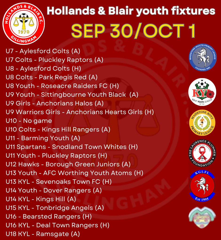 handbfcyouth's tweet photo. Good luck to all the boys and girls playing in the 21 @hollandsblairfc Youth fixtures this this weekend ⚽⚽⚽⚽🔴⚪🔵🟡 @KentYouthLeague @PrimaryLge @InvictaLge @KGLFL https://t.co/V3JeBrZWQp